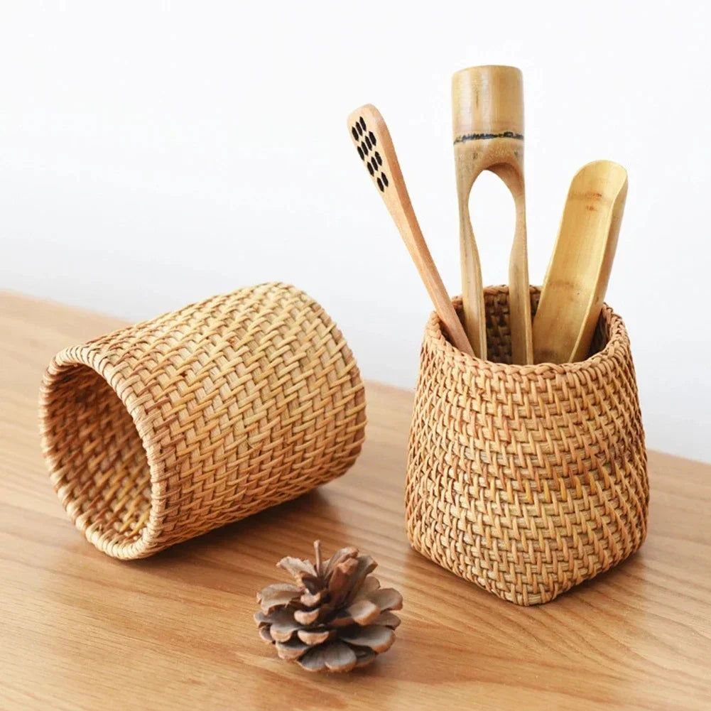 Household Rattan Storage Organizer Box for Utensils Tableware Kitchen Office Supplies Multifunctional Home Organization Basket
