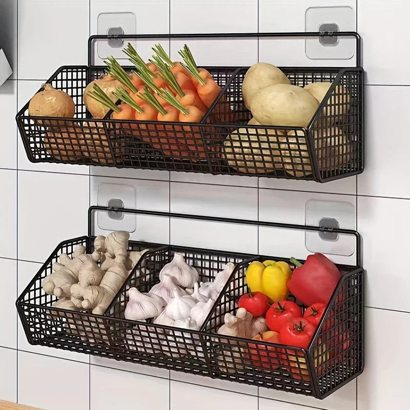 Wall Mount Wire Storage Basket - Durable Kitchen Organizer for Vegetables & Fruits